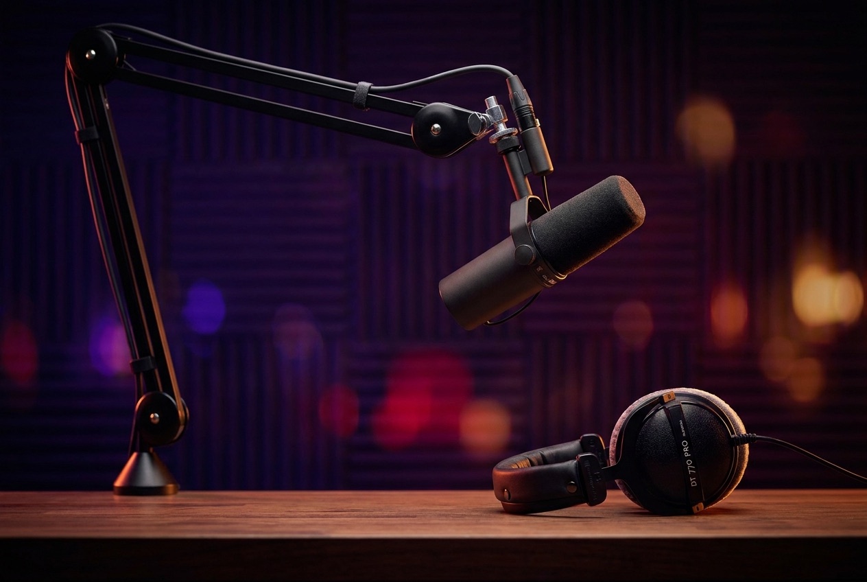 A professional podcast studio microphone and headphones