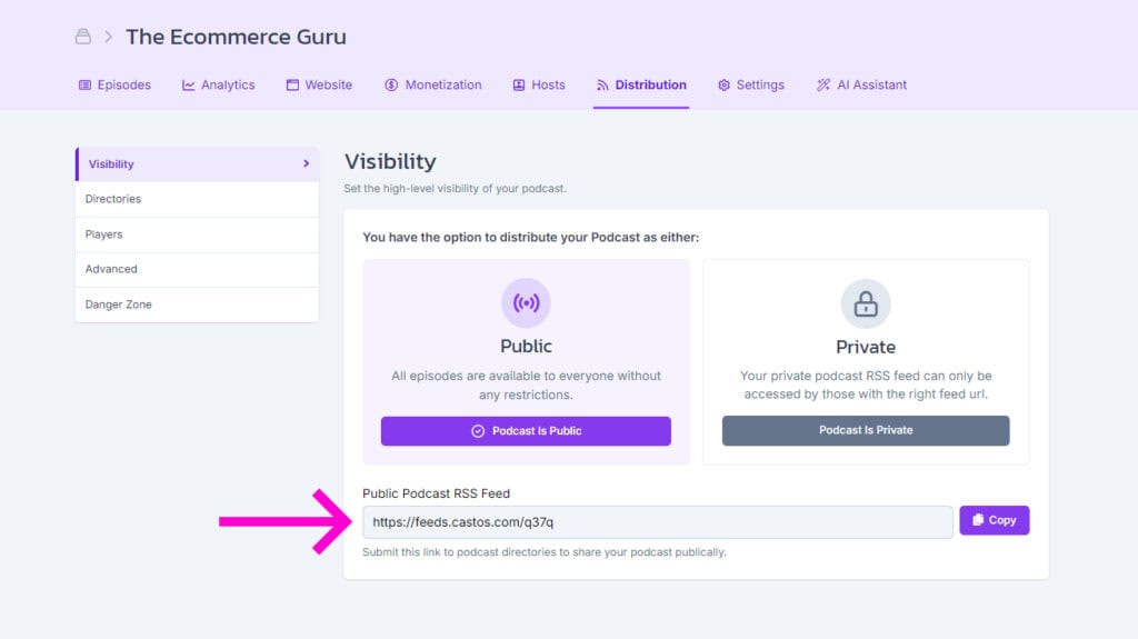 find rss feed in Castos