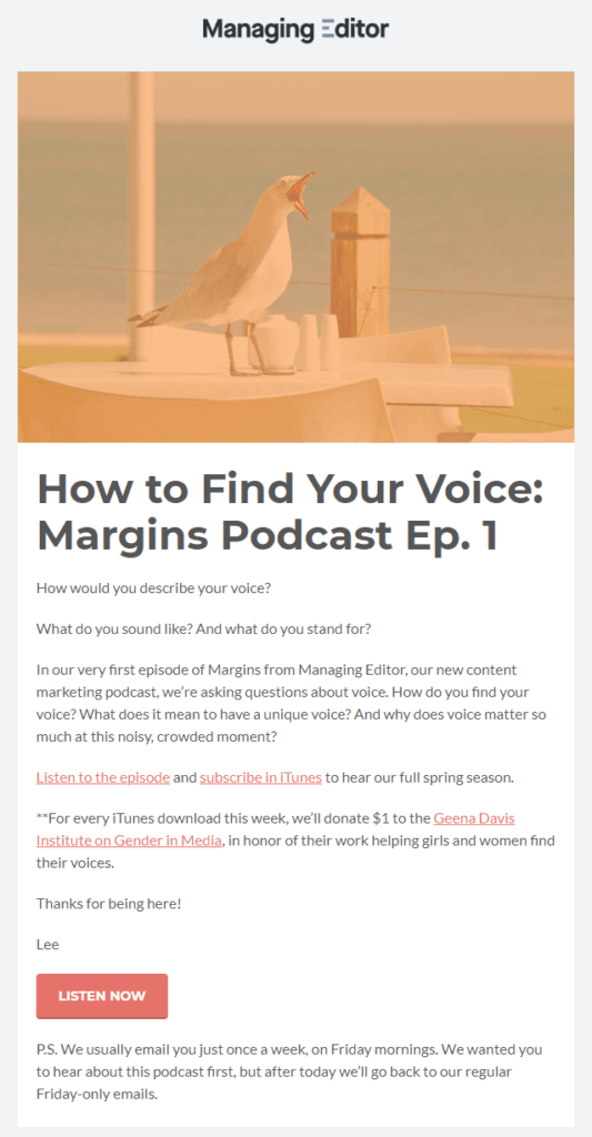 An example of a podcast announcement promoting a podcast to an email list.
