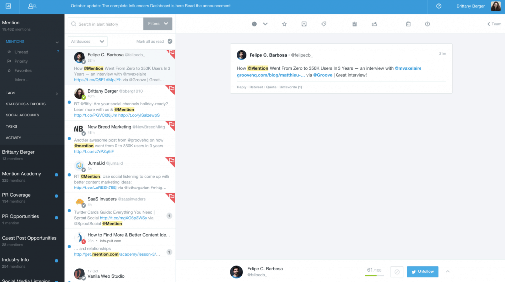 mention dashboard for social media mentions