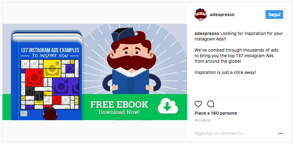 Exmaple of AdEspresso's Instagram ad promotion an ebook.