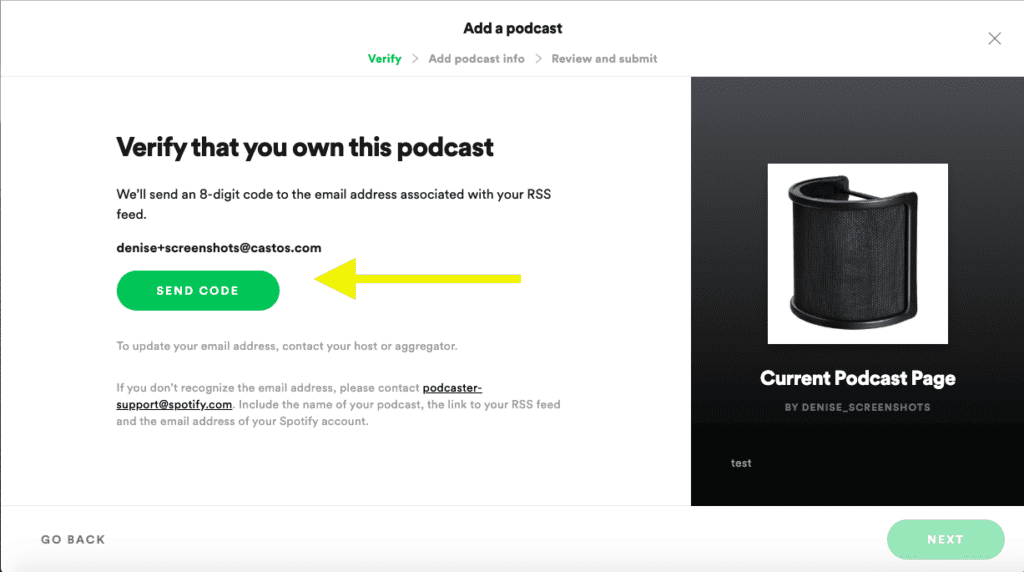 create a podcast on spotify: request verification code