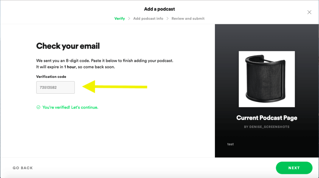 create a podcast on spotify: check email for code