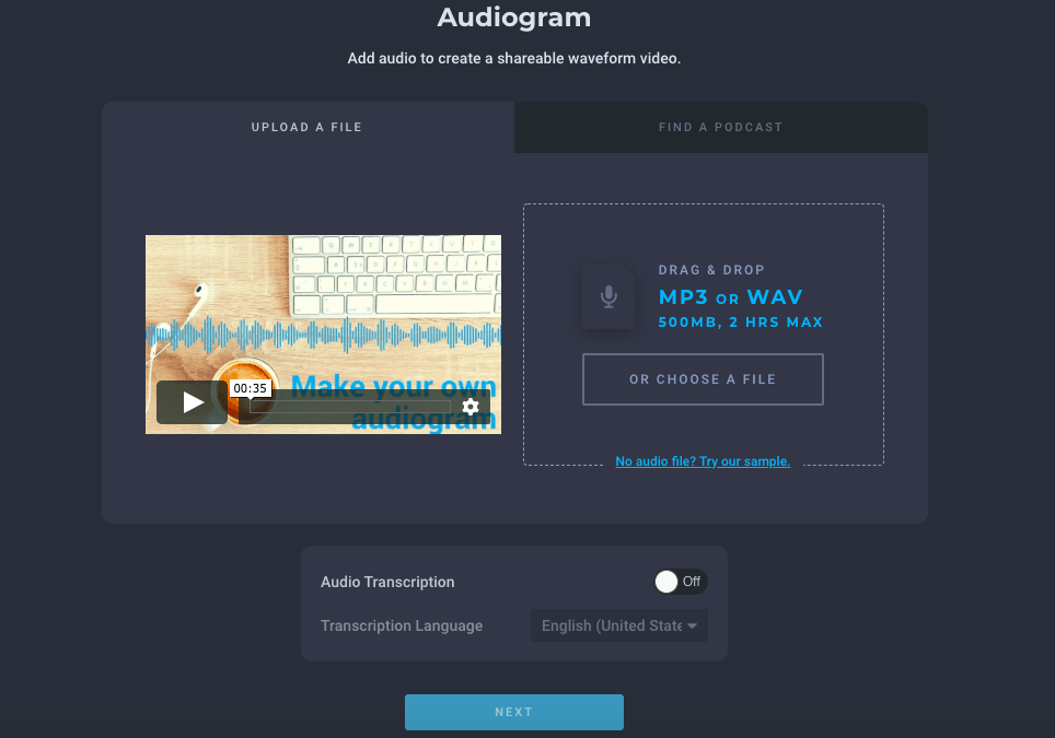 how to make an audiogram with headliner upload an audio file