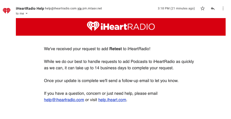 how to submit a podcast to iheartradio email confirmation