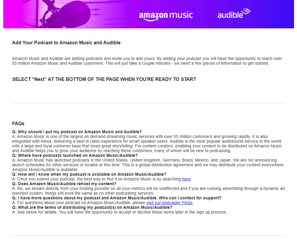 How to submit a podcast on Amazon Music: Amazon Music submission page