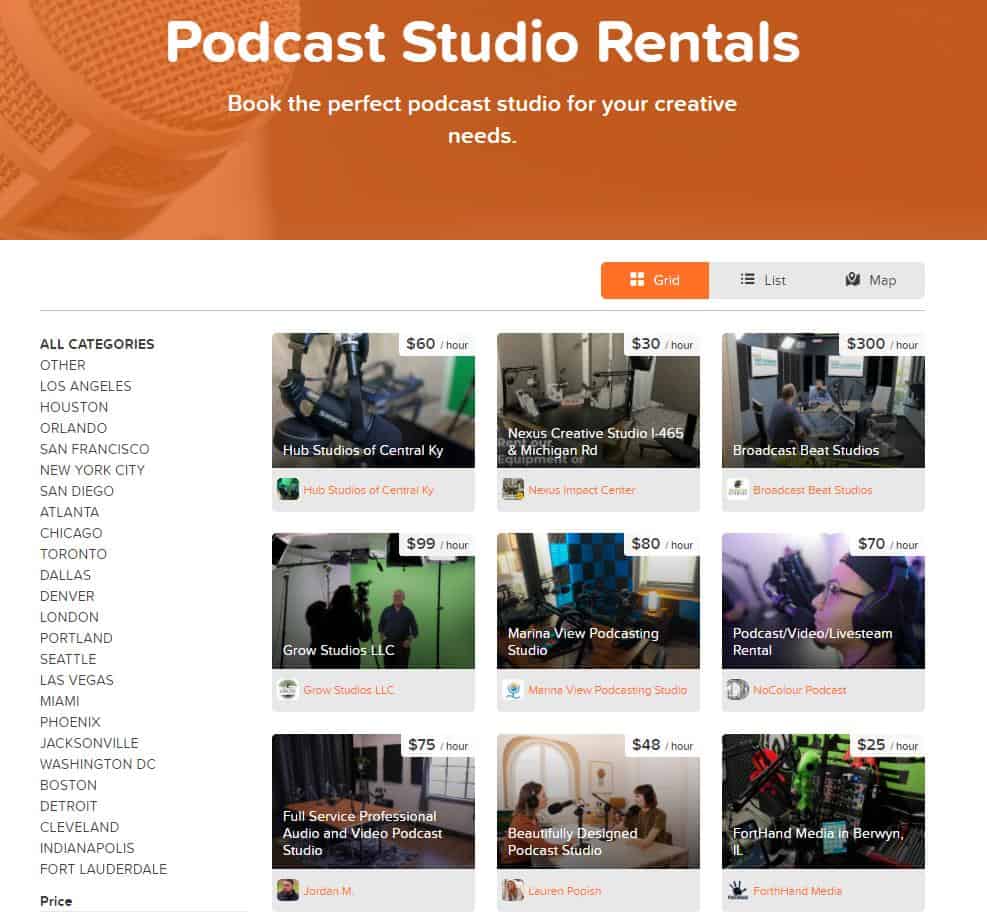 A screenshot of a site offering podcast studios for rent.