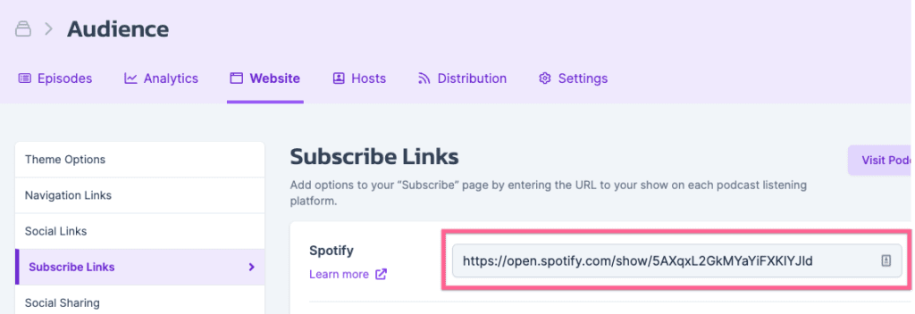 Spotify podcast link from Castos dashboard