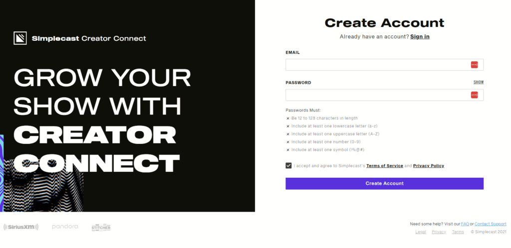 Create a Simplecast Creator Connect account