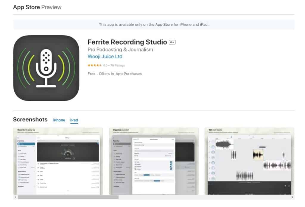 iPad podcast editing app: Ferrite Recording Studio